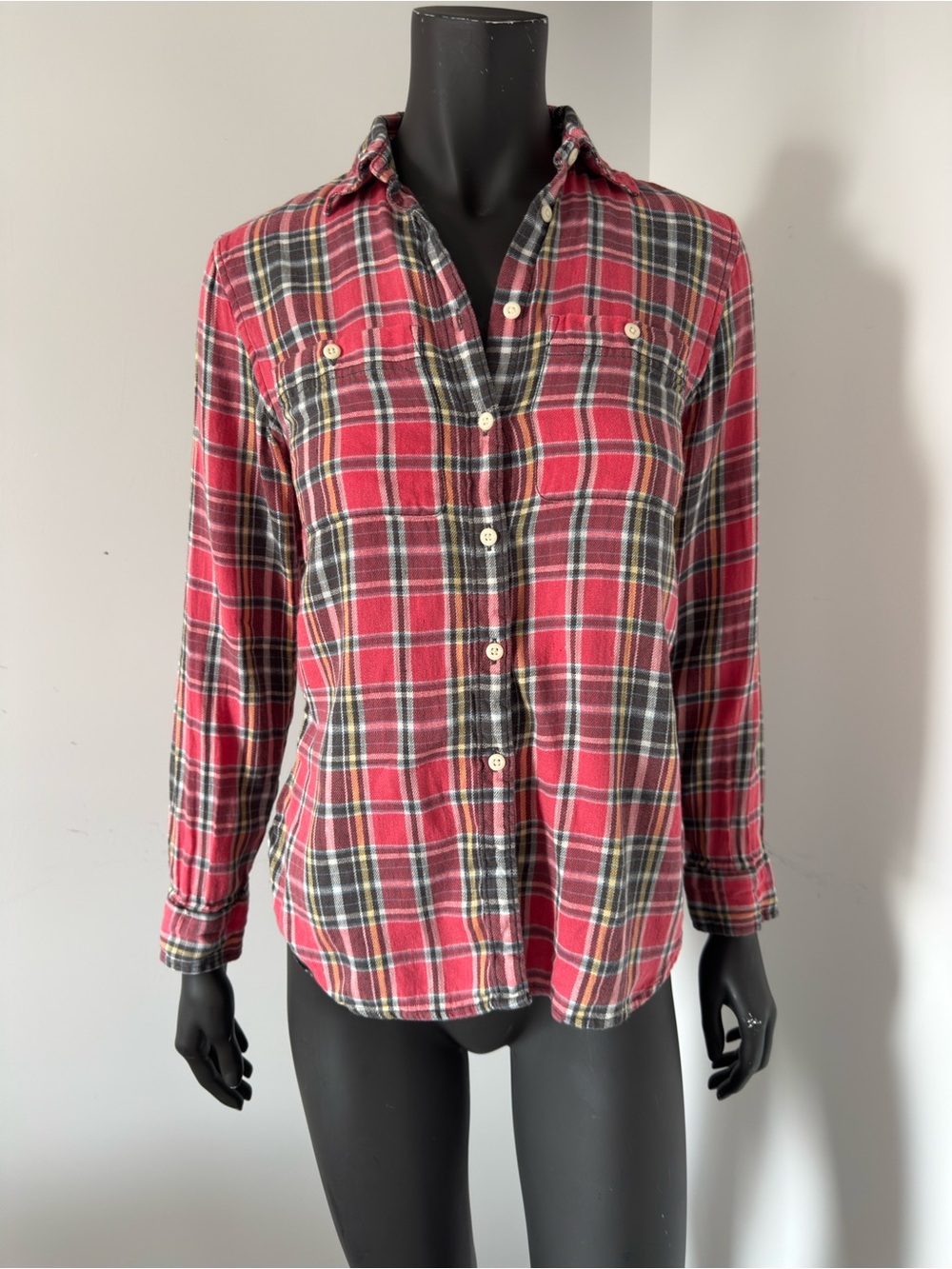 163. Ralph Lauren Linen Cotton Blend Red and Black Plaid Button-Down Shi